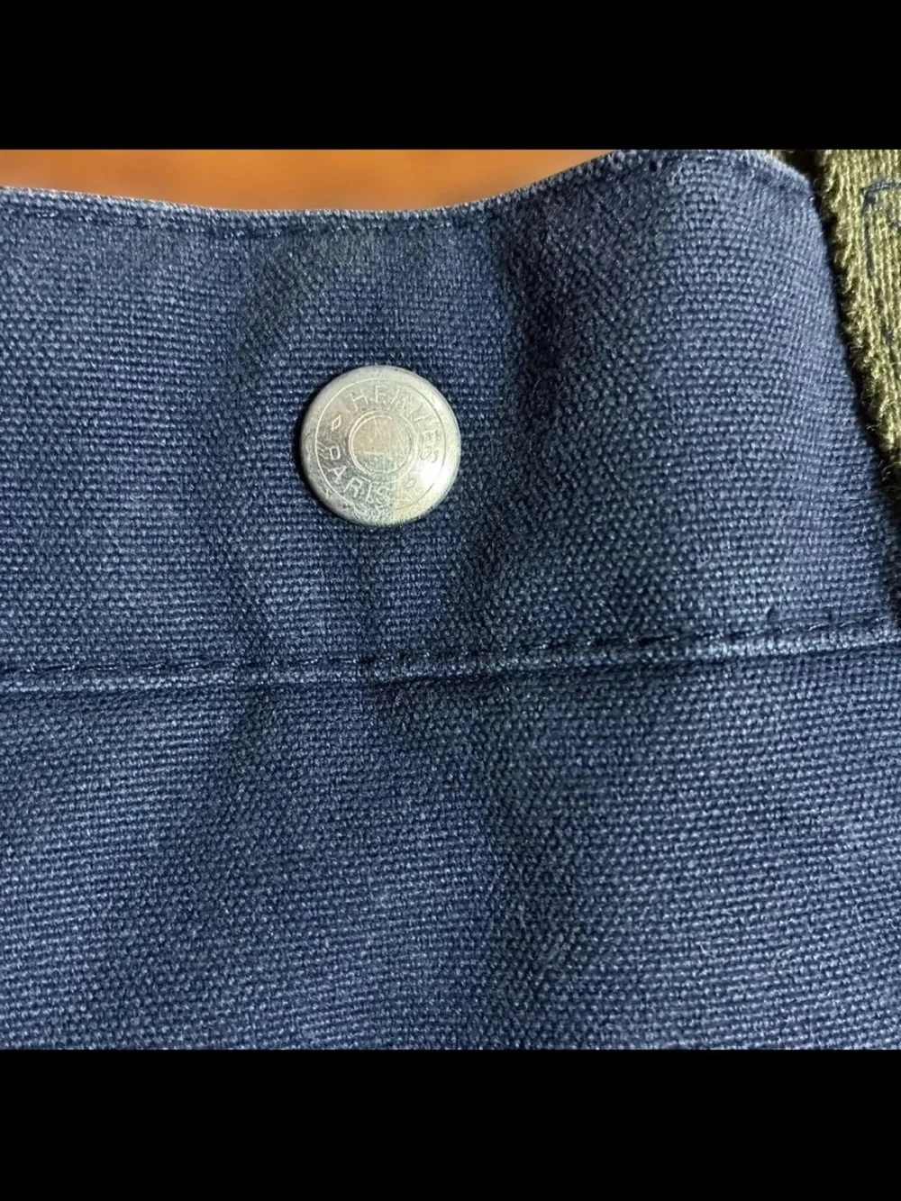 Hermes Navy Canvas Tote with Olive-Trim Handles